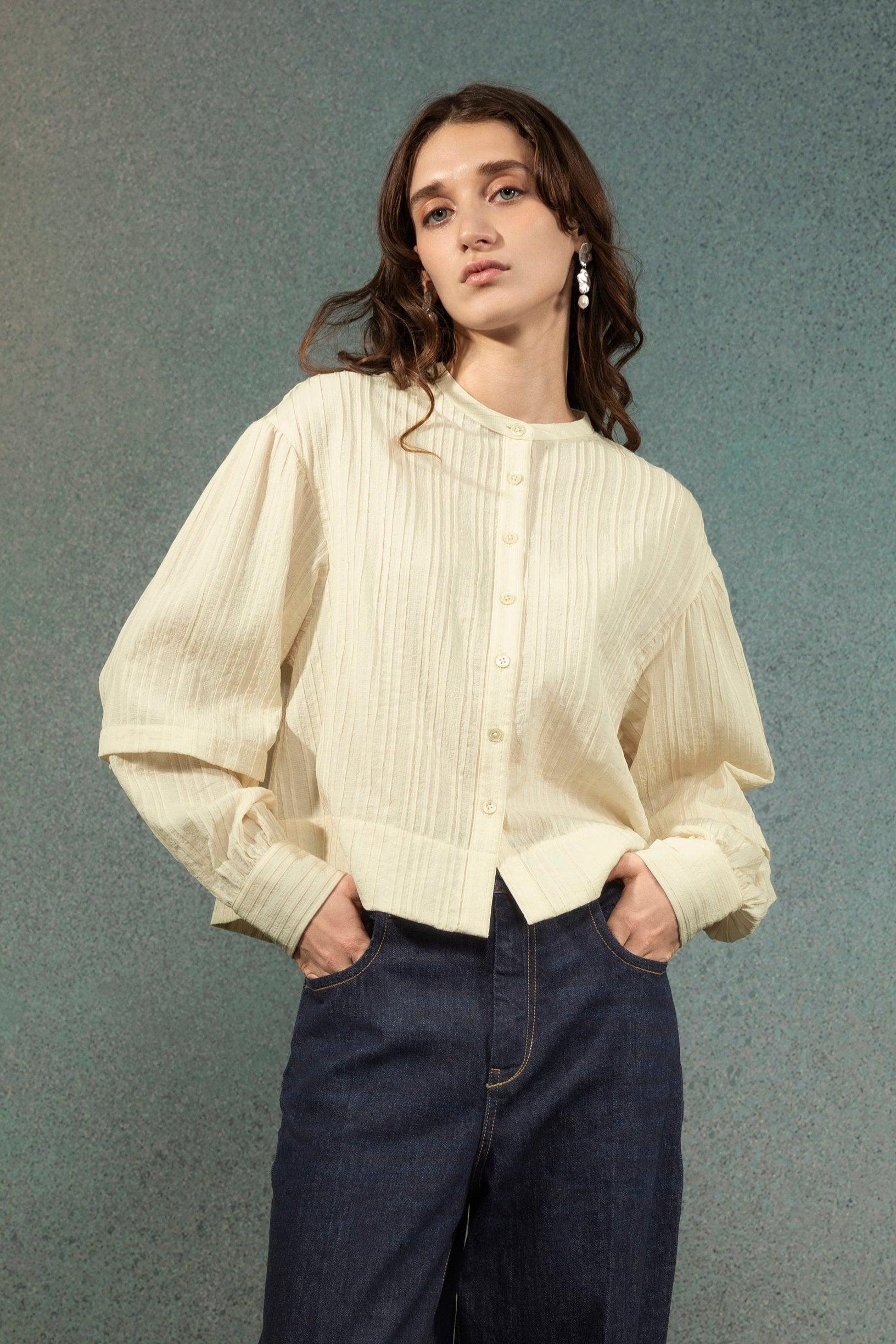 Dobby Stripe Button-Up Blouse