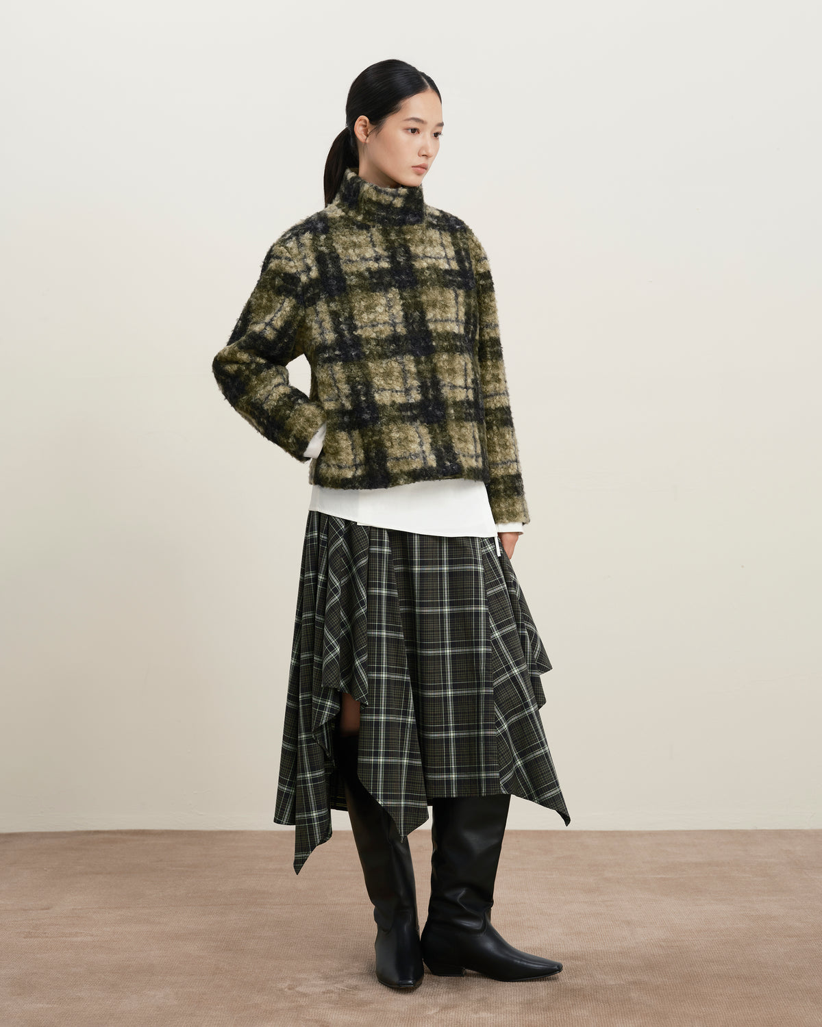 Plaid Asymmetric Drape Skirt