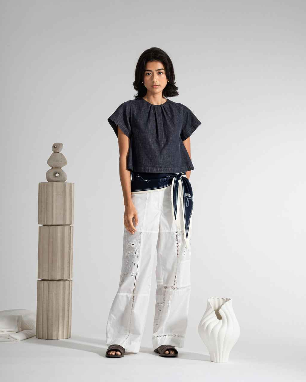 Gathered Neck Denim Top