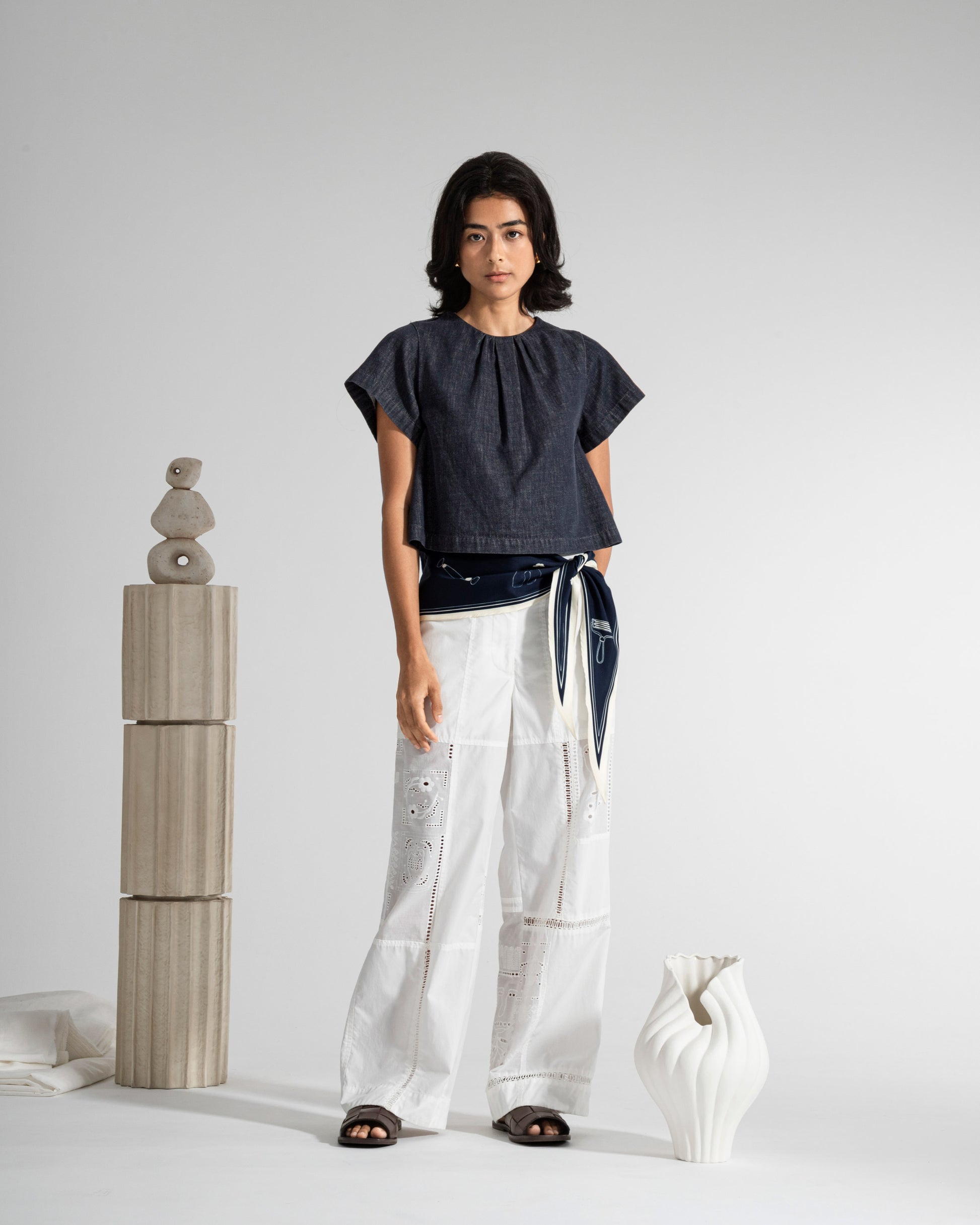 Gathered Neck Denim Top