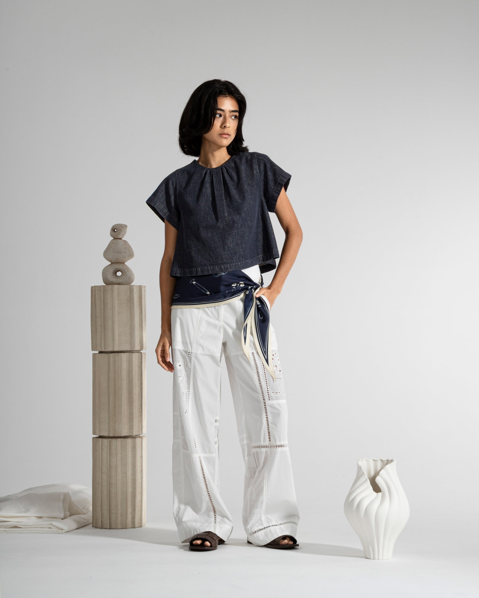 Gathered Neck Denim Top