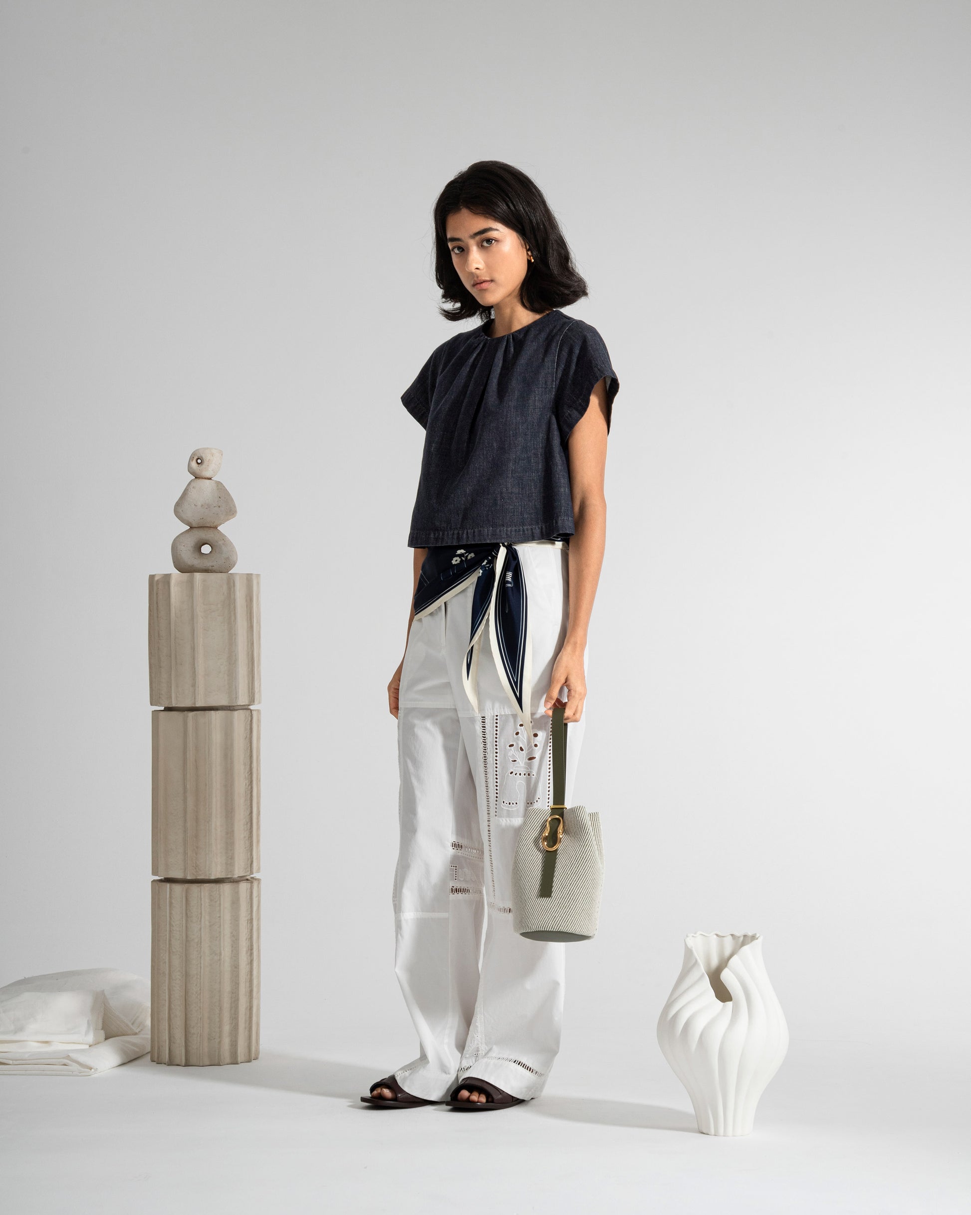 Gathered Neck Denim Top