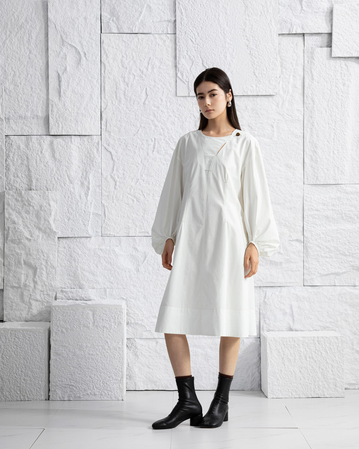 Balloon-Sleeve Overlap Dress